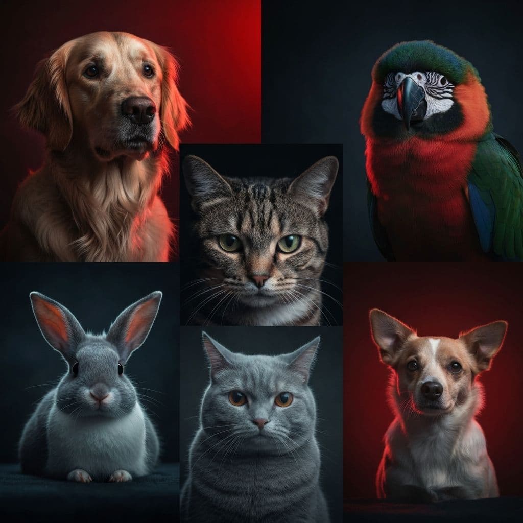 Dramatic collage of various pets