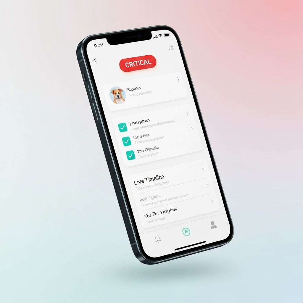K-911 app showing AI triage screen with emergency alert and pet profile